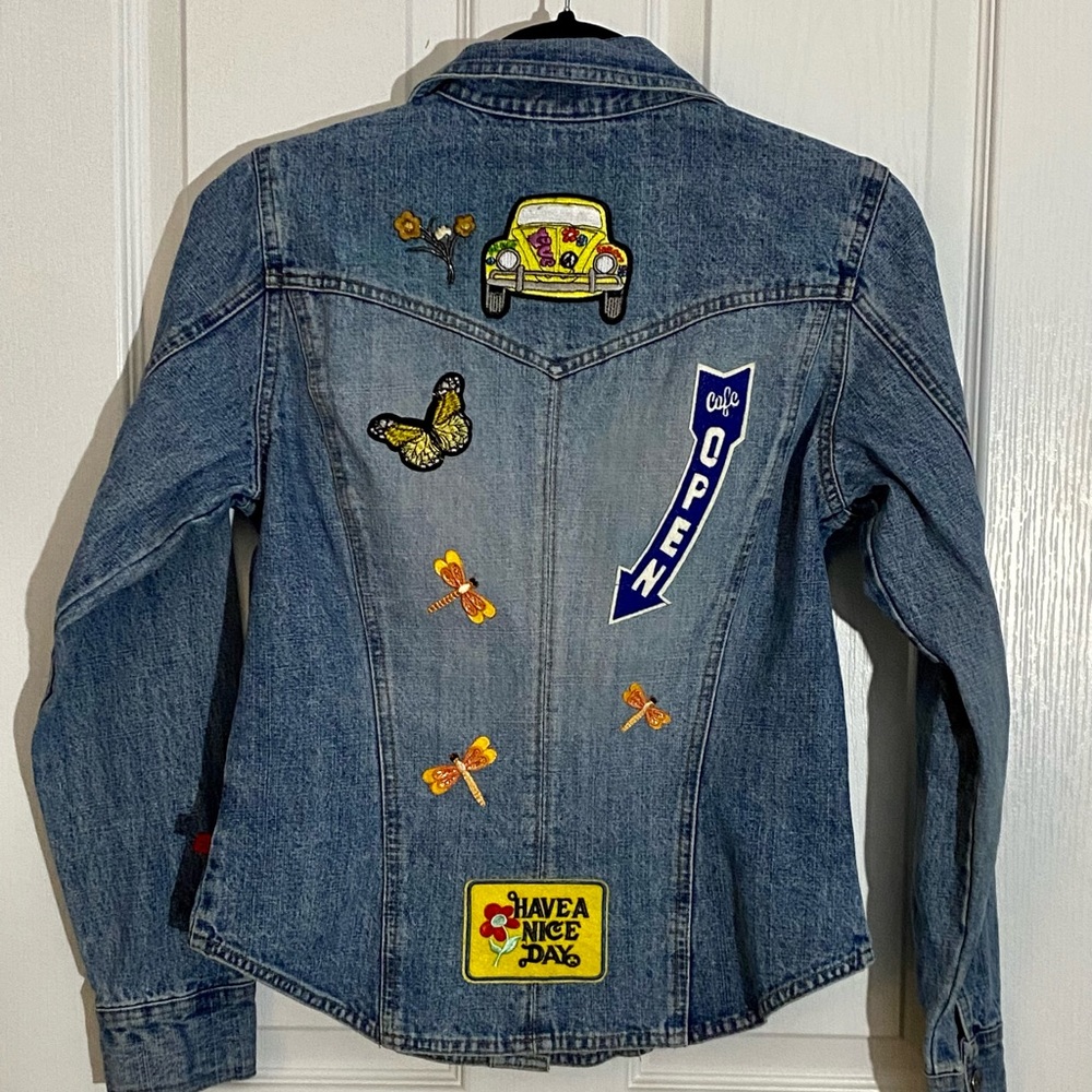 60s Volkswagen denim Jean jacket VW Bus Love Bug Vintage pins Volkswagen patch